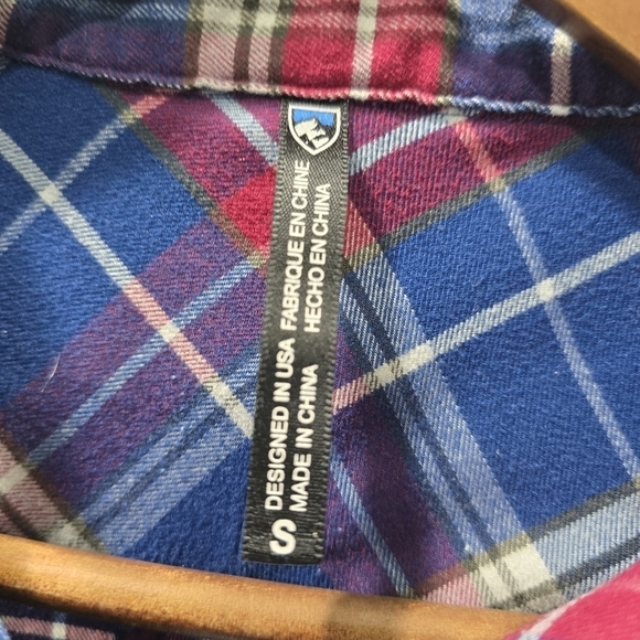 Kuhl Shirt Women Small Red Blue Button Up Plaid Long Sleeve Alina Flannel Collar - Picture 3 of 14